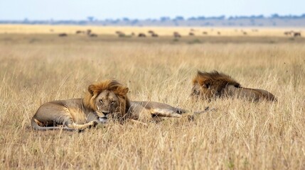Pair of lions resting in the open plains of the Serengeti National Park