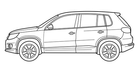 Classic suv car. Crossover car front view shot. Outline doodle vector illustration. Design for print, coloring book	