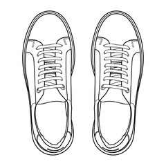 hand drawn sneakers, gym shoes, top view. Image in different views - front, back, top, side, sole and 3d view. Doodle vector illustration.	