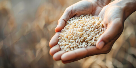 Hands Holding Brown Rice Grains. Close-up of hands holding a pile of brown rice grains, symbolizing health and sustainability.
