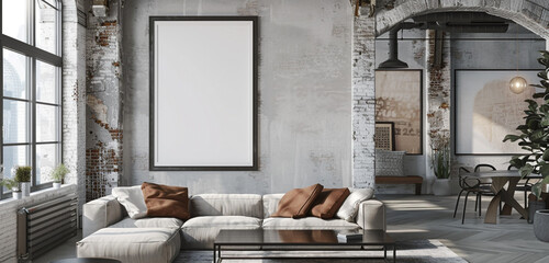 Industrial-style empty picture frame in a loft gallery, embracing a modern and raw aesthetic.