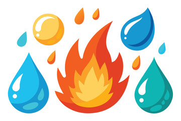 Fire and water set. Flames of different shapes. Different Water Drops. Vector cartoon illustration