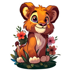 Obraz premium Cute Baby lion Cozy Sticker, cute floral on transparent background