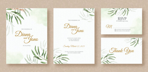 exotic green leaves painting arrangement on wedding invitation background