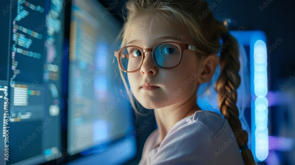 Poster an elementary school computer science classroom depicts a smart, cute girl using a personal computer