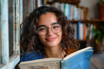 Curly pretty girl wearing glasses holds a book and has a light smile. Concept for World Clerihew Day