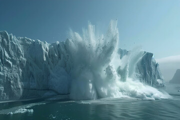 Massive iceberg calving event, with chunks of ice breaking off into ocean waters.
