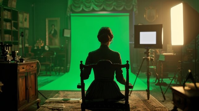 During the shooting of a new blockbuster, a famous female director views a display of the set. A green screen scene is shown in historical drama. Professional film crew on set making a high-budget