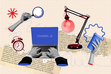Creative collage picture laptop worker busy task deadline miss late coffee mug lightbulb research...