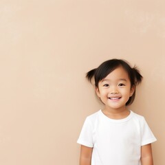 Beige background Happy Asian child Portrait of young beautiful Smiling child good mood Isolated on backdrop ethnic diversity equality acceptance concept with copyspace 