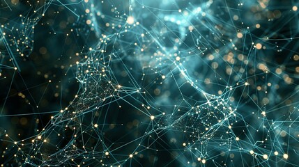 Abstract tech background with interconnected cyber cells and artificial neural connections, showcasing a quantum computing network system and global electronic intelligence.