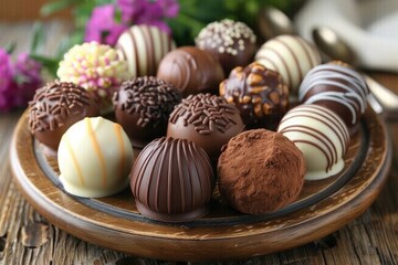 Assorted chocolate truffles displayed on a wooden table