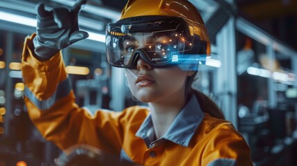 Industrial 4.0 Modern Factory: A female engineer wearing an augmented reality headset uses mixed reality and gestures to work on a 3D CNC machinery model in order to create a production line. VFX