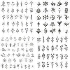 Fototapeta premium Collection of floral line art icons featuring minimalistic flowers, leaves, and botanical elements. Perfect for nature-inspired designs, logos, invitations, and decorative illustrations.