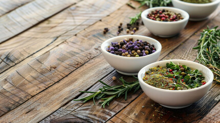 Small bowls filled with fragrant herbs and spices set on a wooden surface, offering space for personalization or branding.