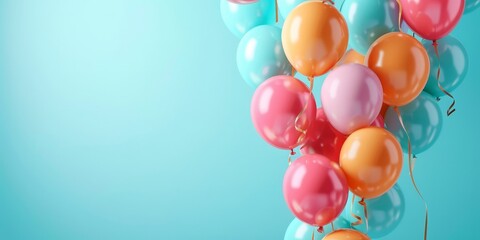 Colorful balloons flying on blue background with copy space for birthday party, anniversary or other events,bright colored balloons, balloon bouquet,banner