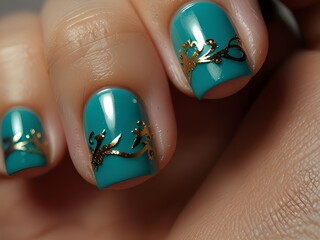 a woman's nails with a gold design and a silver bow.