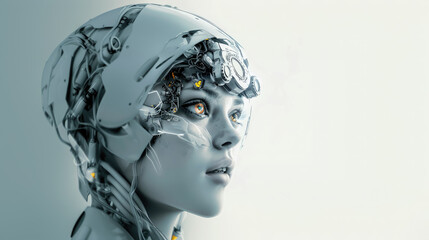 cybernetic girl robot on white background, female android, future, mask, cyborg, robotic technology, scientific, science fiction, futurism, face, portrait, eyes, artificial, virtual reality, character