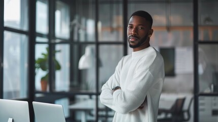 Obraz premium An attractive Black African American male is standing in a meeting room with a laptop computer in an advertising agency. A project manager is wearing a white jumper and working alone in an empty