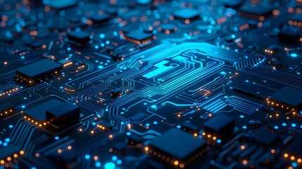 Blue circuit board background with glowing digital elements, in the style of AI technology concept.

