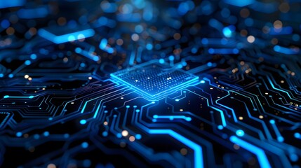 Blue circuit board background with glowing digital elements, in the style of AI technology concept.
