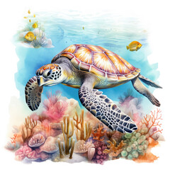 Obraz premium Watercolor Coral Reef Sea Turtle Fish, clipart Illustration, Generative Ai