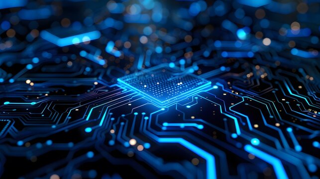 Blue circuit board background with glowing digital elements, in the style of AI technology concept.
