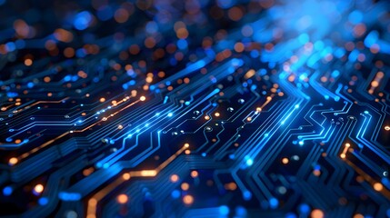 Obraz premium Blue circuit board background with glowing digital elements, in the style of AI technology concept. 