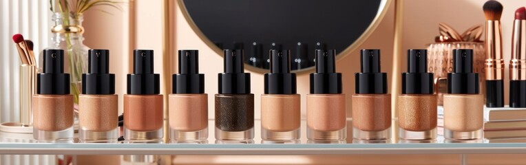 Various makeup products neatly arranged on a shelf