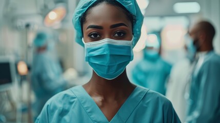 Photograph of a professional black female head nurse, doctor, surgeon out of her mask looking into the camera at a modern clinic with advanced technology and professional staff.