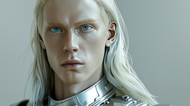 10h humanoid man long blond hair blue eyes perfect face and skin in silver suit