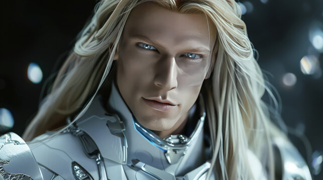 10h humanoid man long blond hair blue eyes perfect face and skin in silver suit