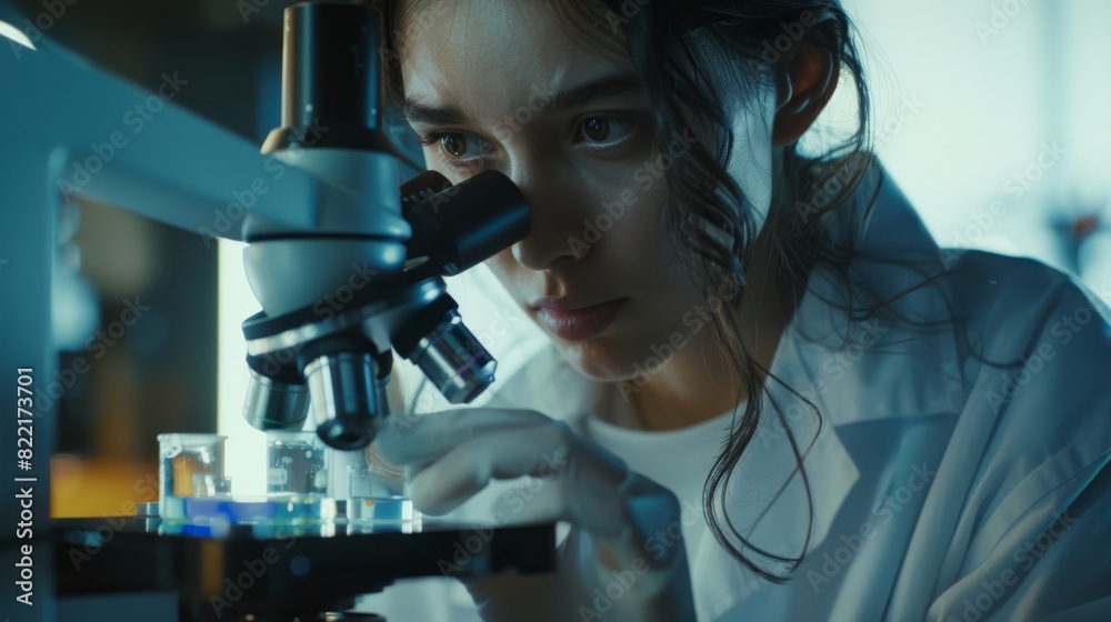 Canvas Prints Caucasian Female Scientist with Microscope Analyzing Petri Dish Sample in Advanced Pharma Lab. Specialists in Medicine, Biotechnology Research.