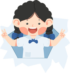 Cute kid girl in ripped paper hole