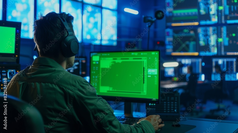 Poster in the monitoring control room with digital screens, a professional it technical support specialist 