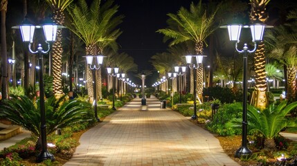 Street lighting casts a warm glow on the pavement, captured in this realistic nighttime photo.