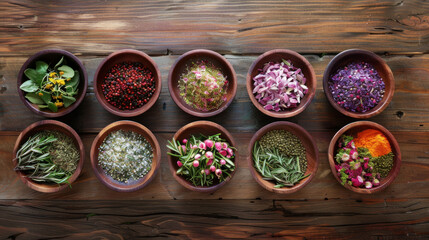 Fototapeta premium Vibrant herbs and spices meticulously displayed in small bowls on a wooden table, leaving ample room for custom labels or descriptions.