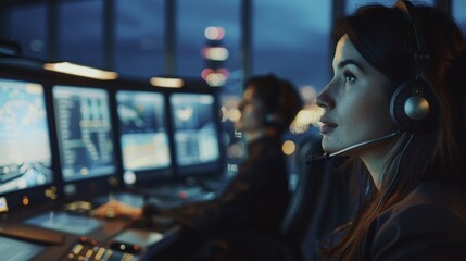 Obraz premium Using headsets, female and male air traffic controllers converse in the airport tower. In the office room, there are displays showing flight data of departing and arriving aircraft.