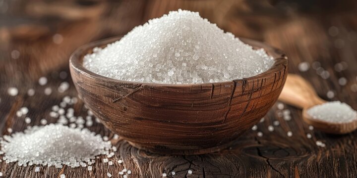 A wooden bowl filled with white sugar on the table, sugar in rustic wooden bowl on wooden table with scattered sugar  grains
