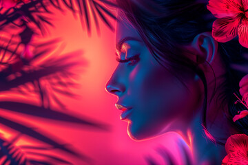 A woman with long dark hair and red lips is the main focus of the image