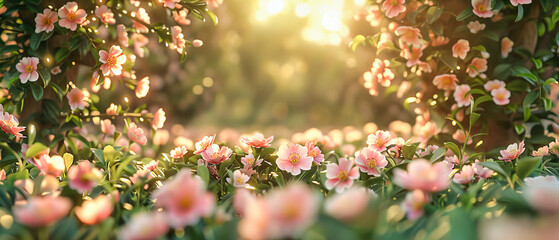 Fototapeta premium Spring Blooms in Soft Focus, Pink Flowers Blossoming Under Sunny Skies