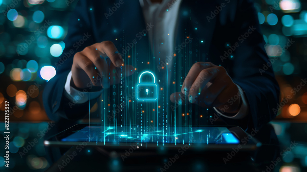 Poster cyber security network. data protection concept. businessman using tablet computer with digital padl