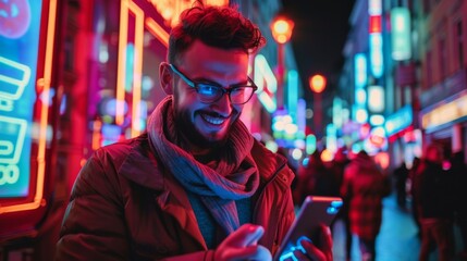 Obraz premium Smiling Stylish Man Using a Smartphone while Walking Through a Night City Street Full of Neon Lights. He's using social media, online shopping, and he's sending texts on a dating app while smiling.