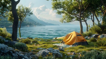 Camping tent on the grass by the seaside, photorealistic landscapes, green and blue, ocean view, trees surrounding the campsite.
