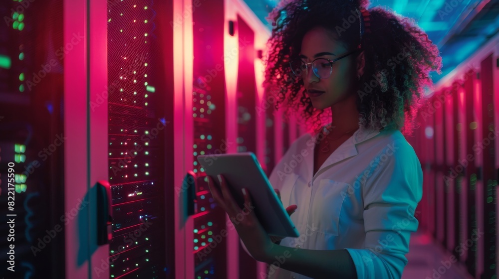 Poster an engineer using a tablet computer in a server farm cloud computing specialist facility with a mult
