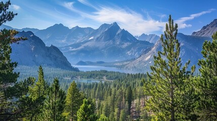 Panorama of eastern Sierra Nevada mountains with peaks of June Lake through pine trees