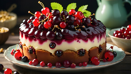 Enjoy a slice of our gourmet currant cake, a sweet and delicious dessert featuring juicy currants baked into a moist cake. Topped with a rich cream layer, this fruit-filled delight is perfect.
