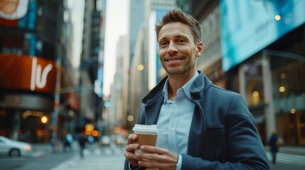 A handsome young businessman in smart casual clothes hold a coffee on a busy street in the Financial District.