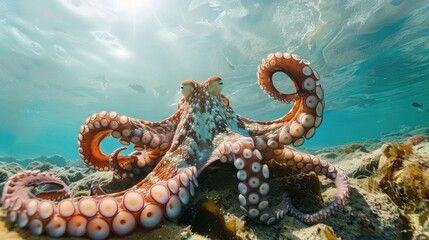 Explore the ocean's depth in a prompt highlighting an octopus in its natural habitat