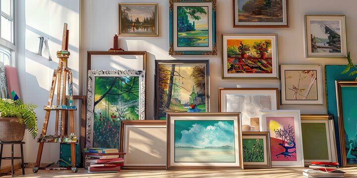 Trendy Painting Corner: The room also has a section dedicated to displaying artwork, with a gallery wall showcasing various paintings and prints in eclectic frames